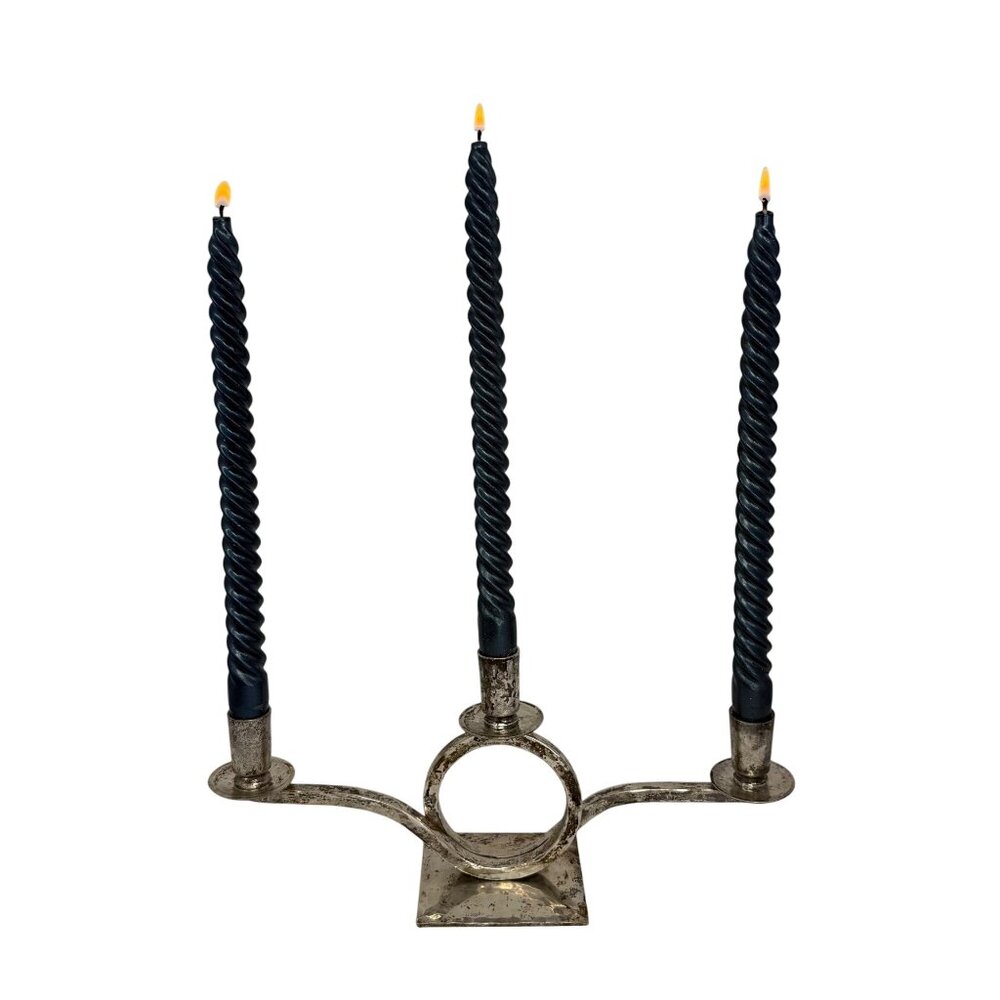 Vtg Art Deco Silver Plated Candelabra Mid Century Hammered Silver Candle Holder